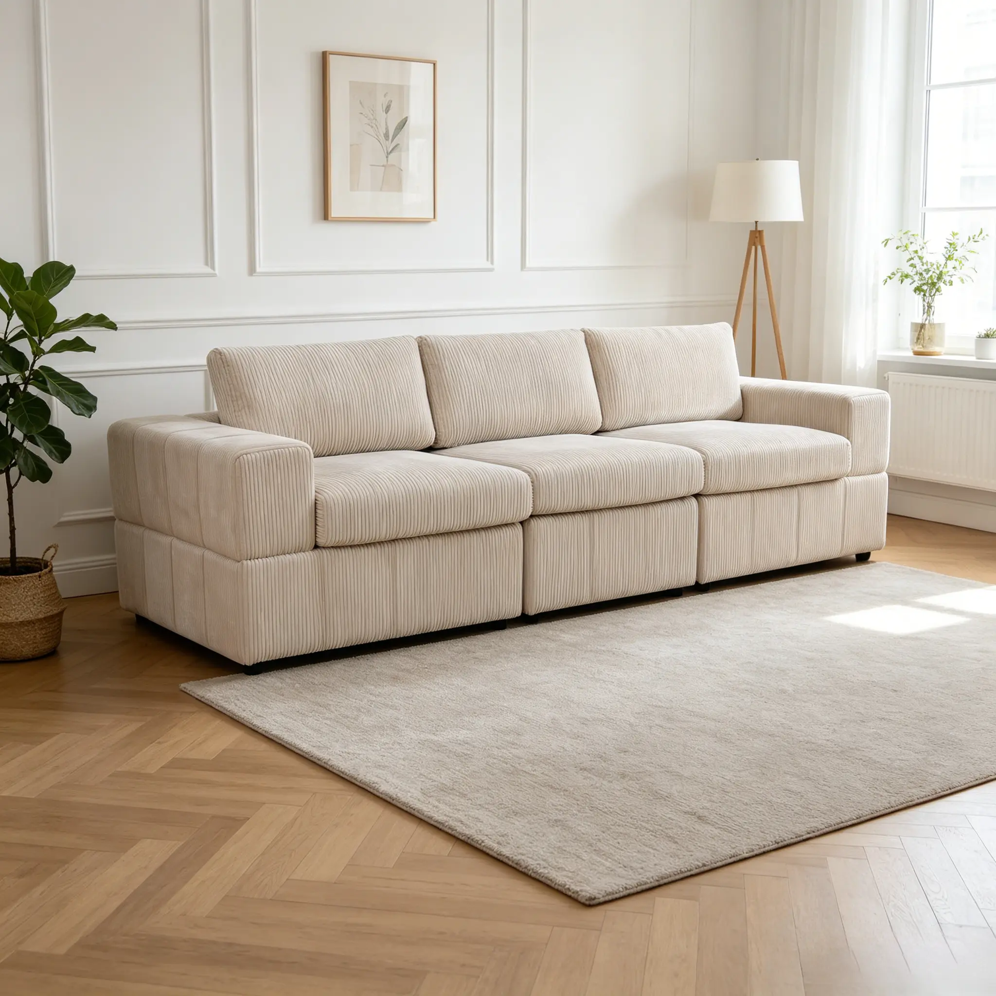 Retro Style Beige Corduroy Couch, classic corduroy grain adds vintage charm. Well-padded seats and sturdy armrests, exquisite workmanship for long-lasting use, ideal for regular homes and medium-sized apartments.