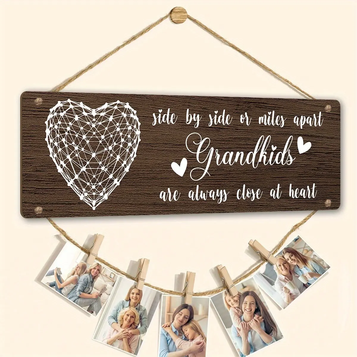 Traditional Wooden Grandkids Photo Holder Sign with Twine - Wall Hanging Display Plaque for Grandparents, Family Picture Frame Hanger, Ideal Gift for Christmas, Thanksgiving, Mother's Day Gift, Heart Shaped Decor