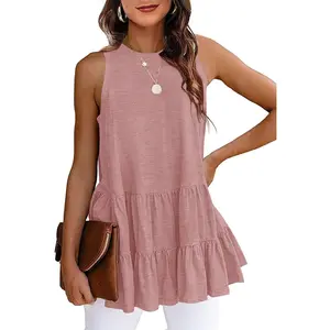 Women's Summer Sleeveless Peplum Babydoll Tops Casual Crew Neck Flowy Loose Fit Tunic Tank Shirts