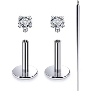 20G 18G 16G Internally Threaded F136 Titanium Nose Ring Studs Flat Back Studs Earrings G23 Titanium Tragus Helix Conch Cartilage Earrings Piercing Jewelry For Women Men CZ 2mm 3mm 4mm