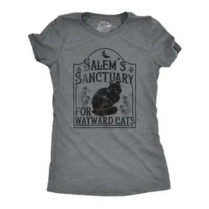 Womens Salems Sanctuary for Wayward Cats T Shirt Funny Spooky Halloween Kitten Lovers Tee for Ladies Funny Womens T Shirts Cute Vintage Fashion Casual Ladies T-Shirt Gift Halloween Tops for Women Funny Cat Top Dark Grey