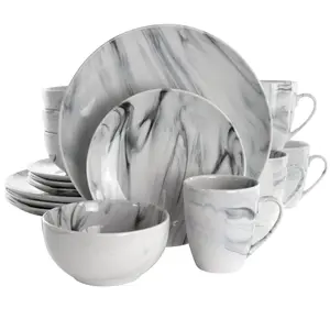 Elama EL-FINEMARBLE 16 Piece Fine Marble Stoneware Dinnerware Set, Black & White