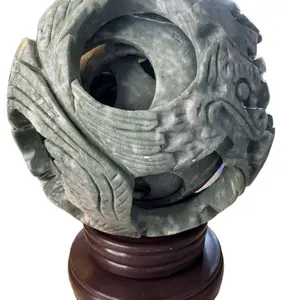 Linglong Puzzle Extra Large Statement Piece Green Jade 8-Layer Moving Sphere Carving with Stand Intricate Hand-Carved Masterpiece of Craftsmanship Earth Symbol of Prosperity