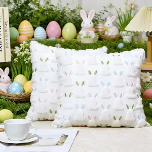 Easter Pillow Covers 18x18 inch Set of 2 Easter Decoration Pink Rabbit Soft Plush Faux Fur Jacquard Throw Pillows for Bedroom Sofa Easter  Holiday Festivals Home Decor