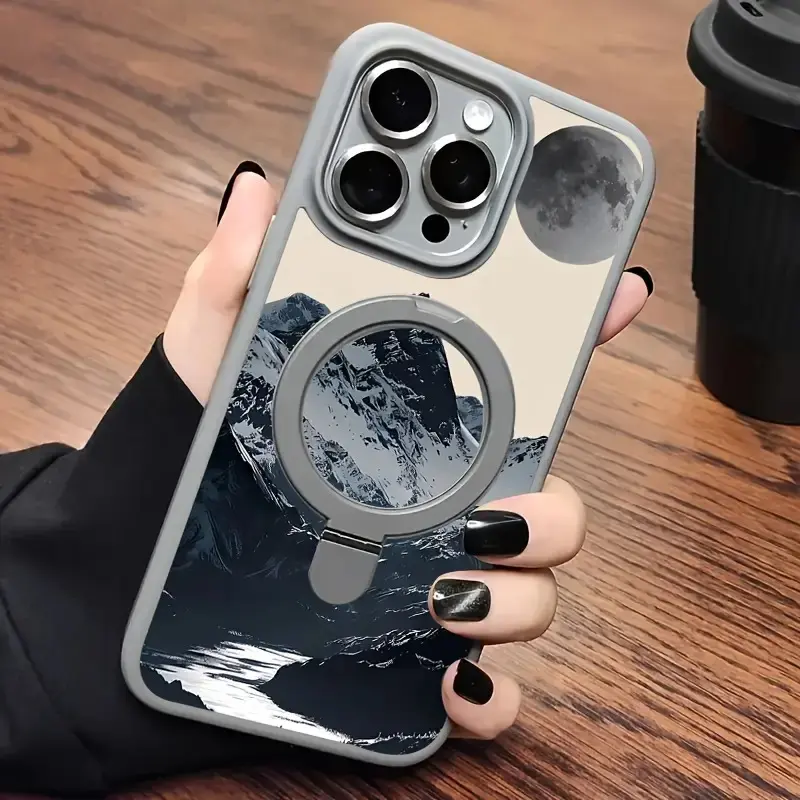 Snow Mountain Pattern Case for iPhone 17/16/15/14/13/12/11 Pro Max/Pro/Plus/Air with Magnetic Stand Shockproof PC Back Wireless Charging Protective Cover