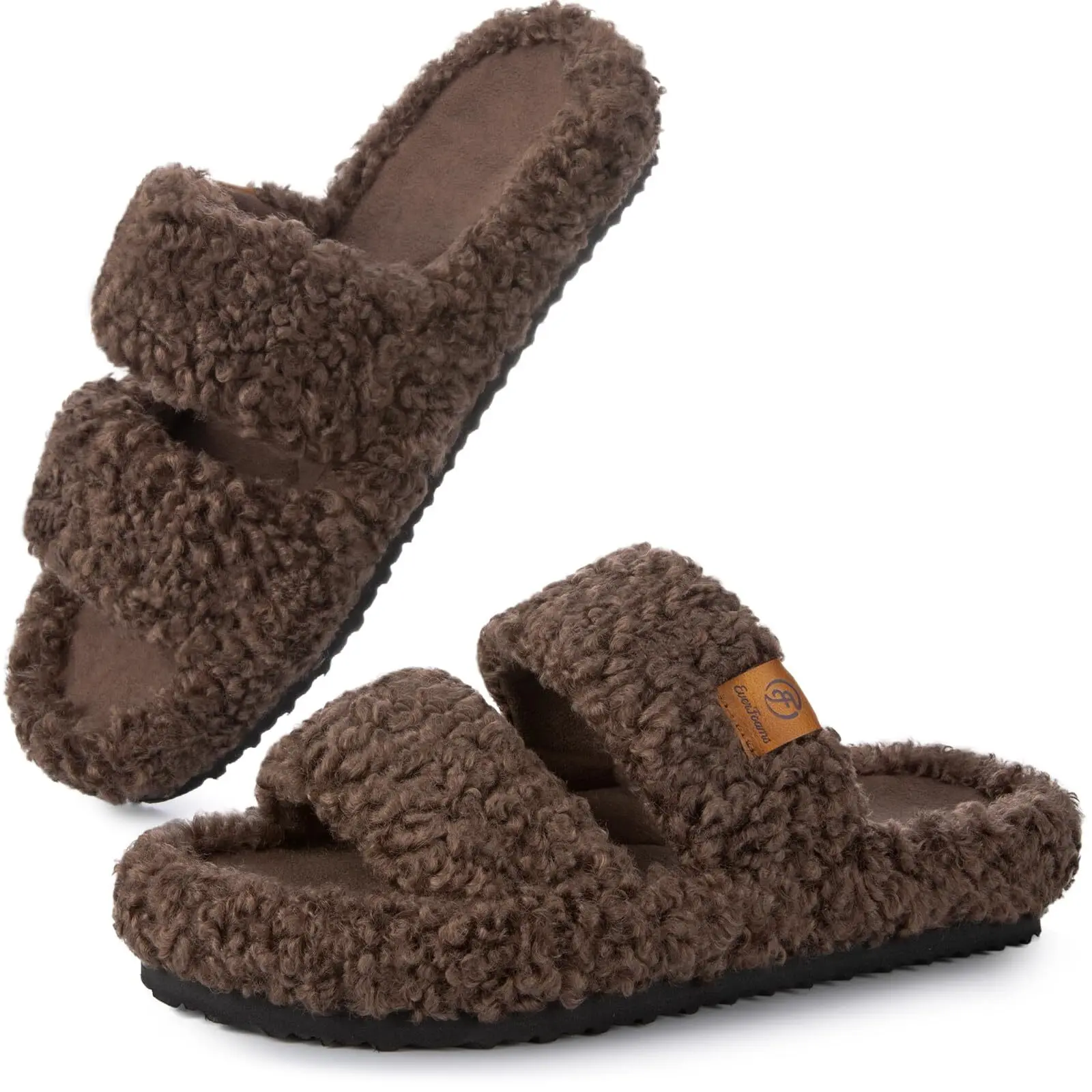 EverFoams Womens Fuzzy Open-toe Slippers Soft Comfy Memory Foam Indoor House Shoes 9-10 Elegant Mocha Footwear Fur Classic Girl Slide