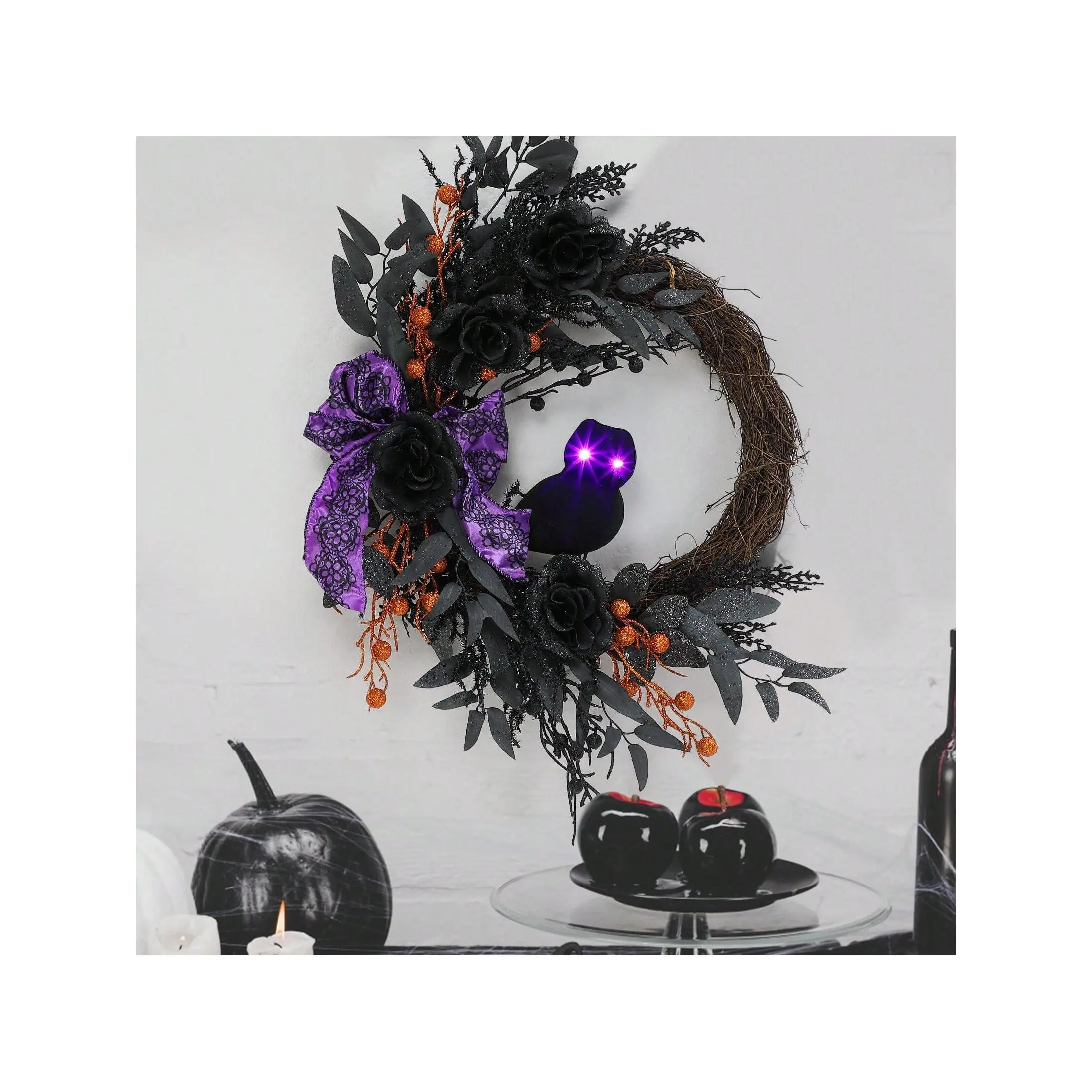 22 Inch Halloween Wreaths For Front Door, Halloween Owl Wreath With Lighted Eyes, Prelit Black Halloween Wreath With Artificial Roses Willow Leaves Ribbon For Halloween Indoor Outdoor Home Decor