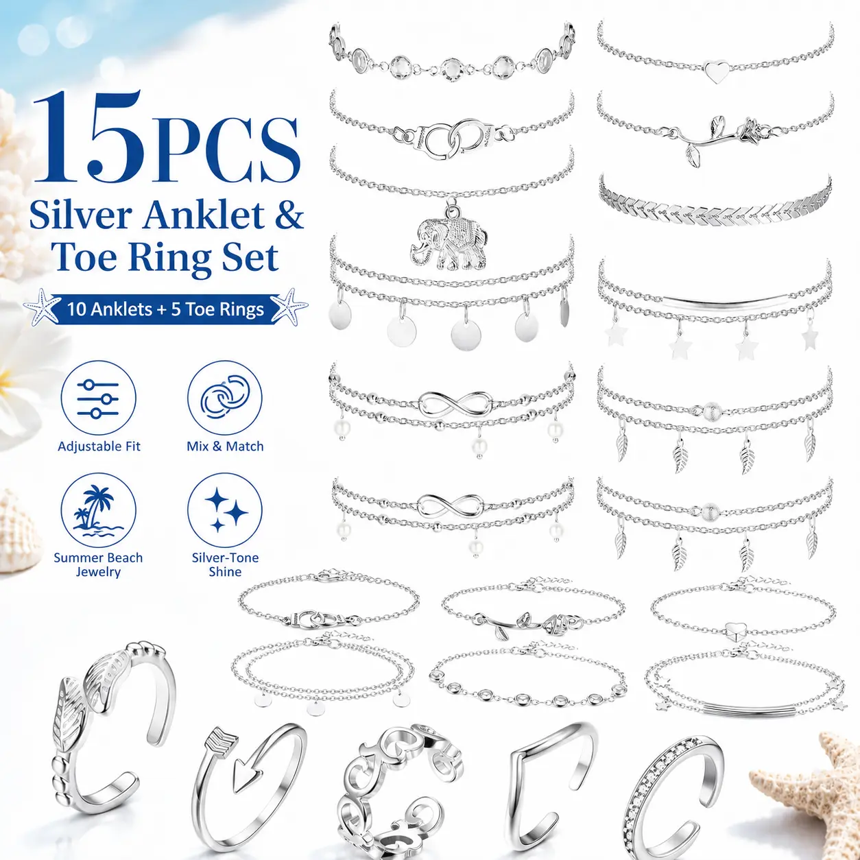 FUNRUN 15PCS Silver Anklet & Toe Ring Set for Women • 10 Adjustable Layered Ankle Bracelets + 5 Open Toe Rings • Rhinestone Heart Star Leaf Summer Beach Jewelry