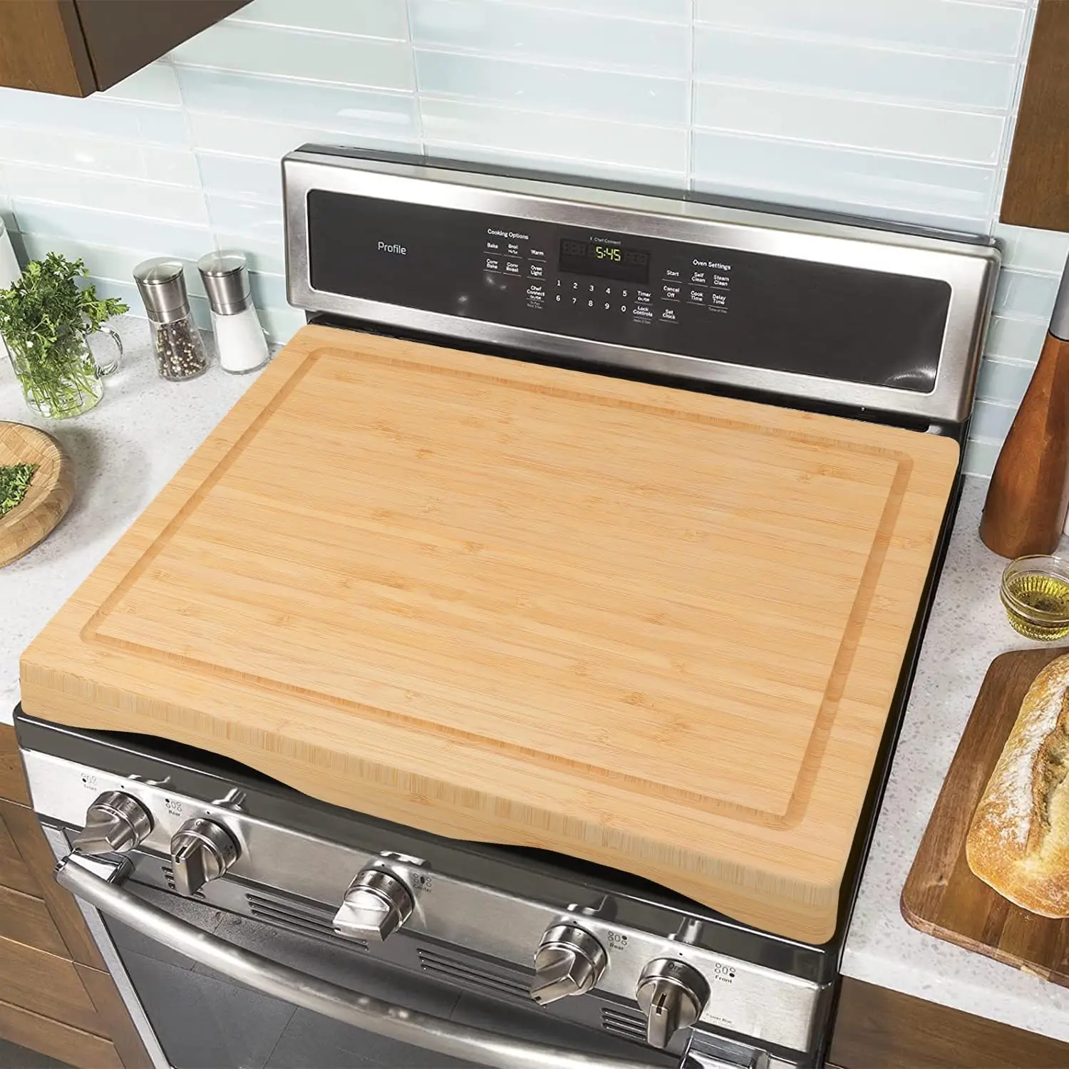 kitchen utensils handheld wooden Stove Cover Board Gas Stovetop - 29.5"x21.25" Cooktop Covers for Stove Top, Raised Cutting Board with Legs and Juice Grooves,Wood Stove Covers for Gas Burners, Adjustable Cover for RV Stove