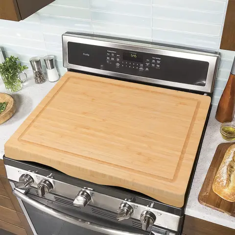 Bamboo Handheld Kitchen Utensil Gas Stove Adjustable Cover Board - 29.5"l x 21.25"w Chopping Board with Legs, Juice Grooves, Oil-Resistant, Adds Extra Counter Space, RV Outdoor Cooking Solution, Farmhouse Aesthetic