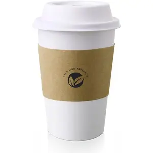 [50 pack] 16 oz Compostable Coffee Cups with  and  Sleeves,  Disposable White Paper Cups Combo for Hot Beverage