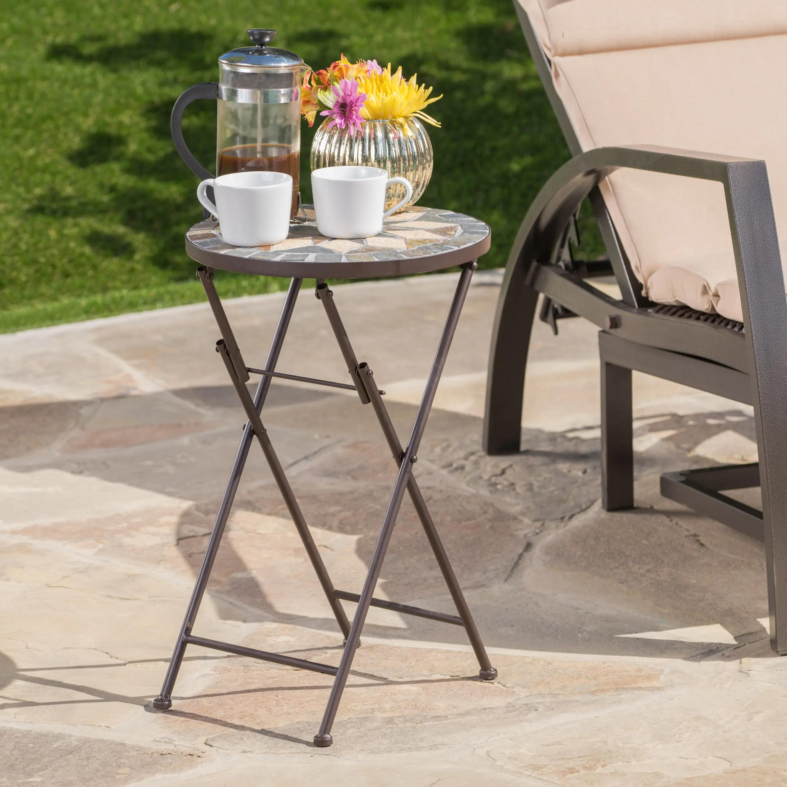 14-Inch Stone Mosaic Folding Outdoor Side Table, Sunburst Pattern, Compact Foldable Frame, Easy Transport & Storage, Transitional Design for Patio/Garden, Assembly Required Accent Piece