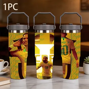 1pc 30oz portable thermos cup with Neymar's collage portrait and letter pattern, large capacity stainless steel leak-proof design, yellow Brazil team color matching life scene, creative collage art style portable water cup