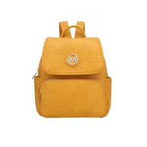 MKF Collection Samantha Signature Backpack, Adjustable Strap, Front Pocket, Adjustable Strap, Yellow Fabric, Model from the MKF Collection