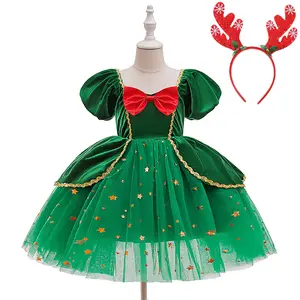 3-8Y with Headband Sequins Green Velvet 129 Kids Clothes Bow Girl Christmas Dress Santa Claus Ball Gown Children Cosplay Costume Fancy Carnival Party Princess Frock