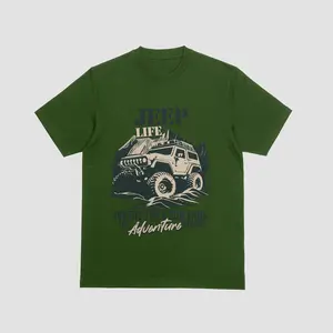 Adventurous Jeep Life Graphic Short Sleeve Crew Neck T-Shirt in Military Green for Casual Outdoor Wear - Clothing