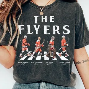 Philadelphia Hockey Walking Road Signatures T-Shirt - Trevor Zegras and Sean Couturier Graphic Tee - Flyers Fan Gift - Unisex Cotton Streetwear Shirt