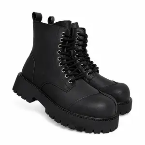 Men's black chunky lace-up combat boots, side-zip platform ankle boots, casual streetwear style