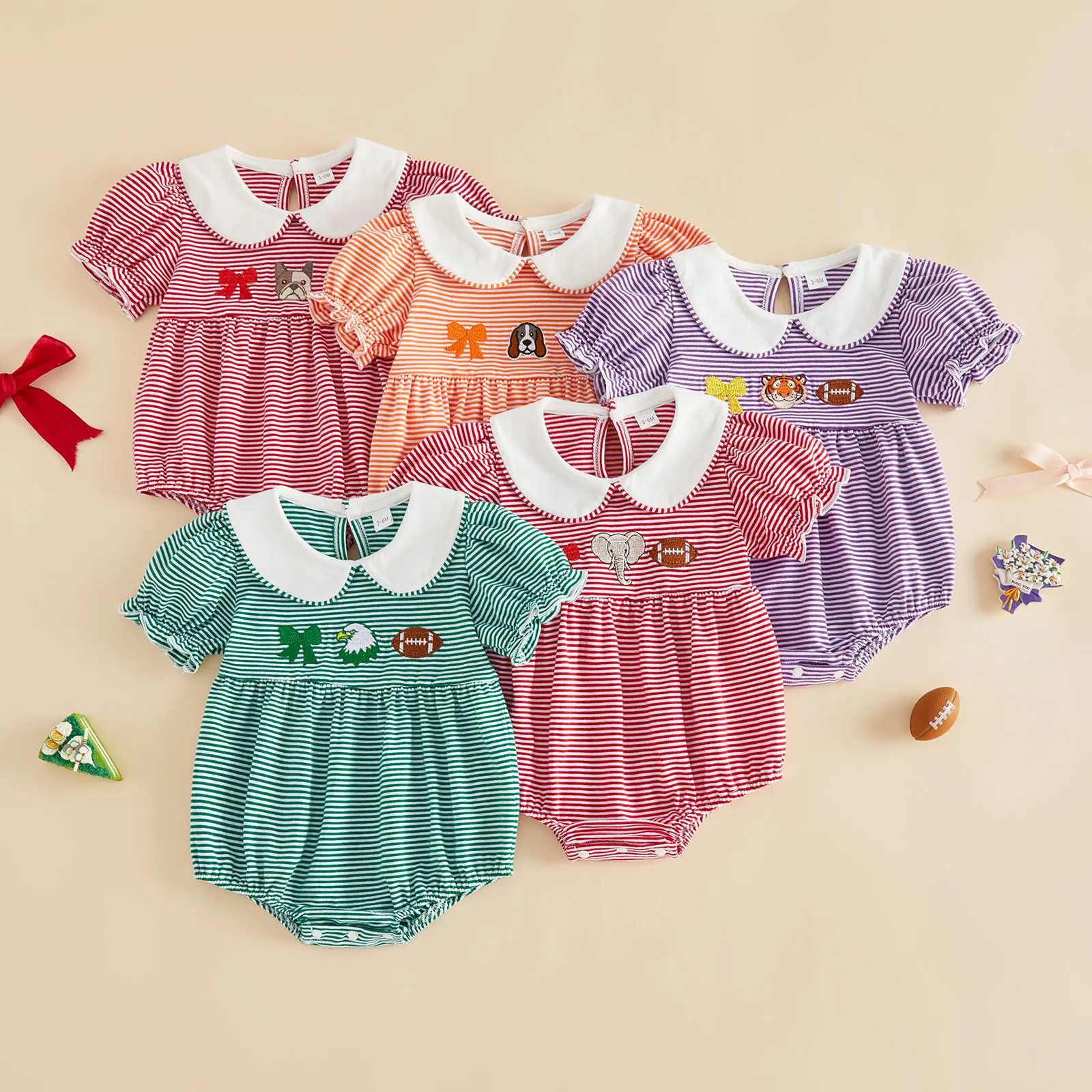Canrulo Newborn Baby Girl Football Clothing Doll Collar Rugby & Animal Embroidery Puff Short Sleeve Striped Bubble Romper  Ovesized Bodysuit 0-18 Months