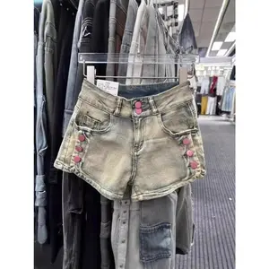 Women Yellow Low-waist Flirty A-line Denim Shorts Pink Button-studded Shorts Dressy Casual Clothes Spring Summer Trendy Outfits
