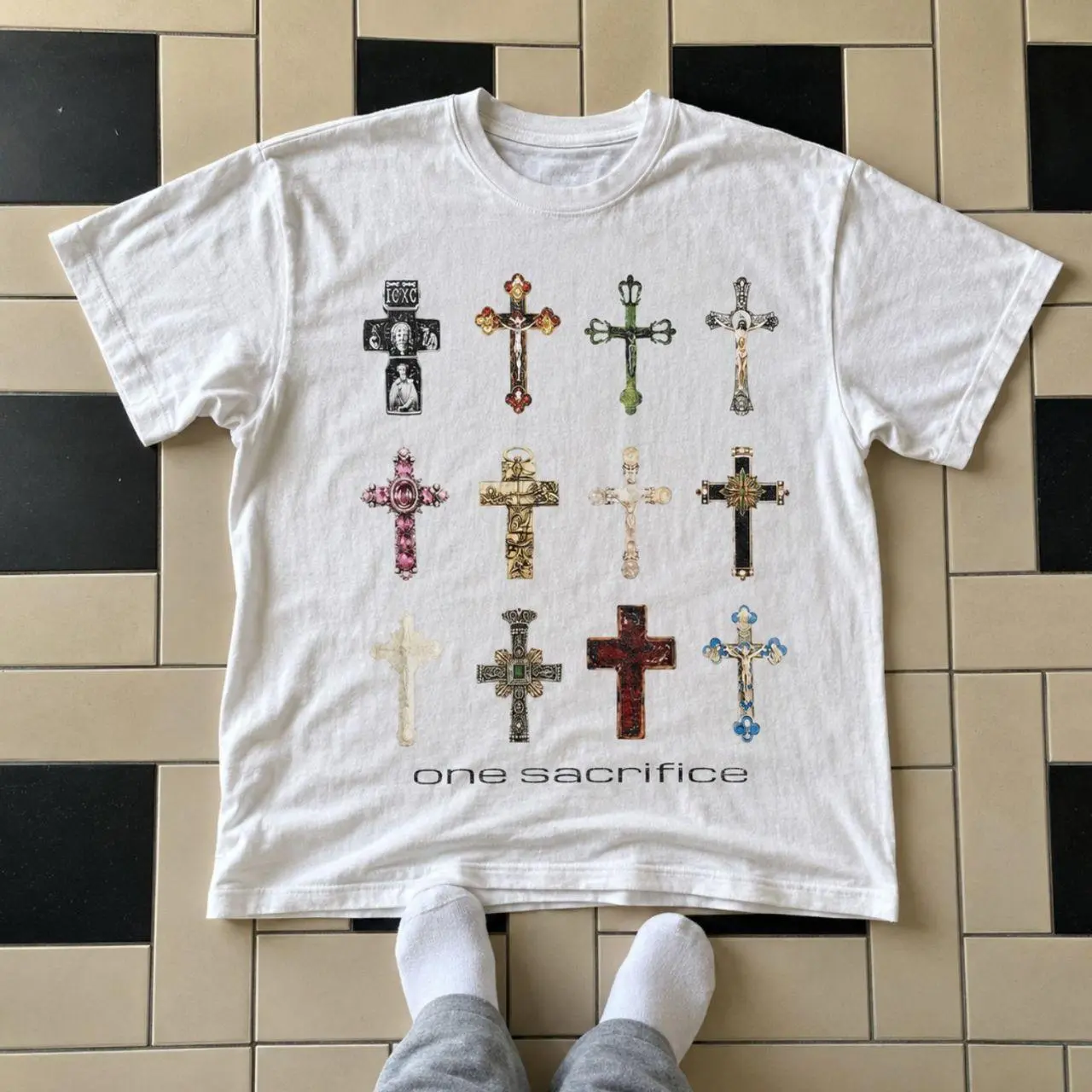 One Sacrifice Decorative Cross Graphic Tee White Gildan Unisex #crossgraphictee #faithgraphictee #gildantee #whitegraphictee #unisextee