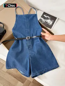 Elegant Backless Sleeveless Fitted Denim Jumpsuit Overalls for Women, Tie-Waist Slimming Wide Leg Shorts, Summer Casual Fashion One-Piece
