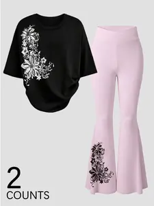 Women's Casual T-Shirt and Floral Print Long Pants Set, Sweet Cool Style, Easy Fashion, Comfortable and Stylish