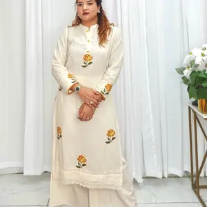 Khadi Cotton cord set with Floral Embroidery and Yellow Buttons on Sleeves