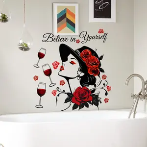 A set (30*60cm*2pcs) of red rose flower women's English flat wall stickers for home decoration and beautification, M16011