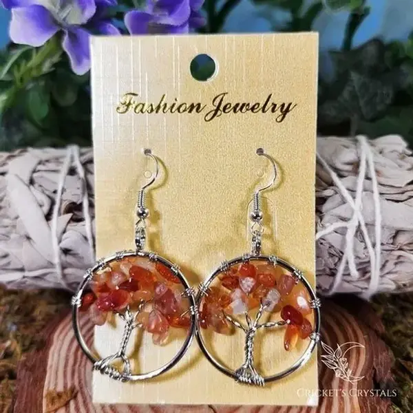 Platinum Plated Carnelian Tree of Life Earrings for Taurus, Cancer, Leo, Virgo hippiejewelry earthy jewelry