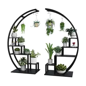 5 Tier Metal Plant Stand Pack of 2, Half-Moon Shape Plant Rack With Hanging Hooks, Ladder Flower Display Shelf, Tall Plant Holder for Home Decor, Garden, Balcony
