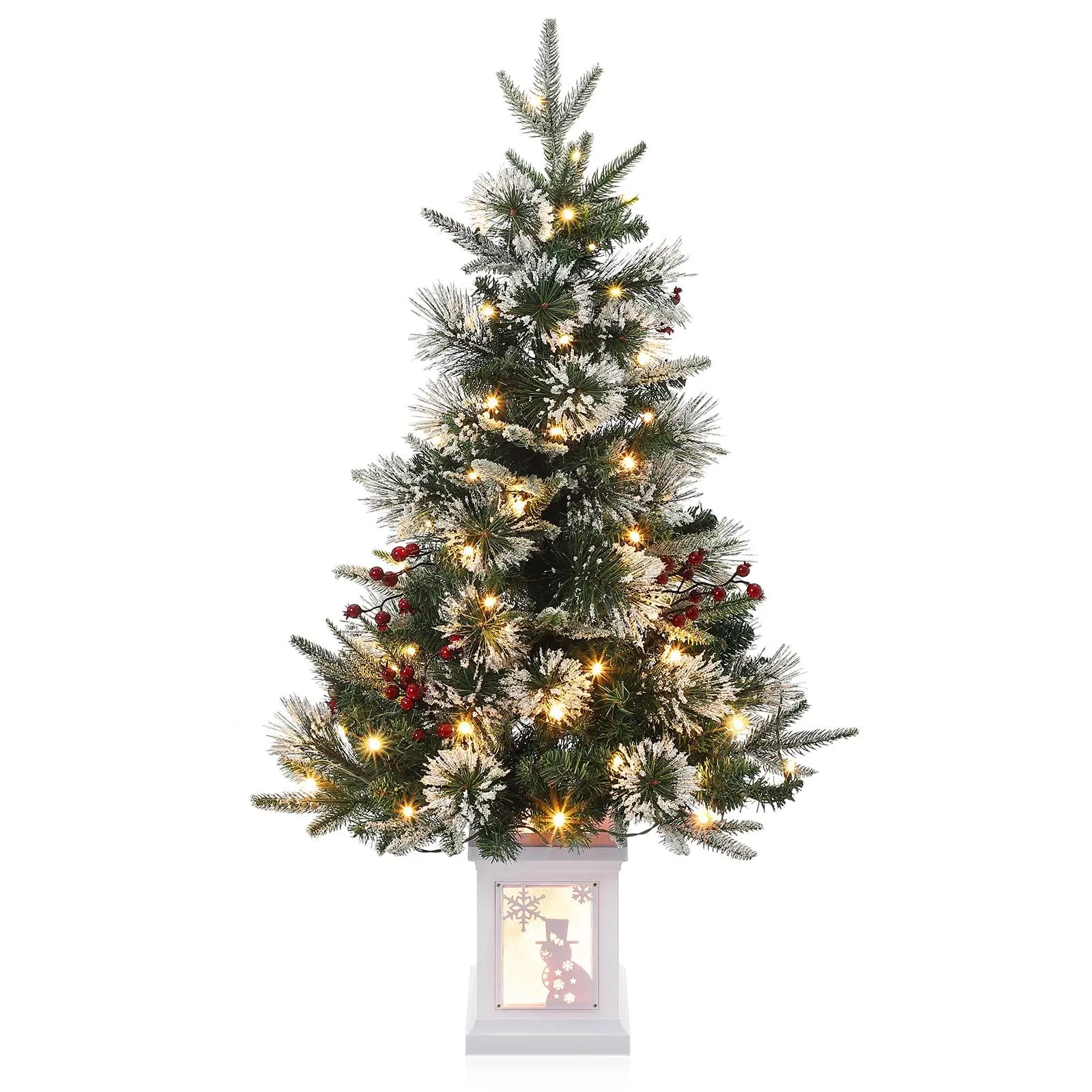 3 Ft Magical Synthetic Fire-Retardant Artificial Christmas Tree - 78 LED Lights, Red Berry Ornaments, 8-Mode Battery Box, Snowman Base, Tabletop/Kid Room Festive Decor, All Seasons Holiday Gift