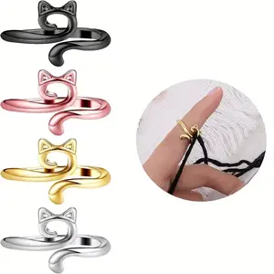 Adjustable Cat Hook Rings Set, Metal Yarn Guide with Heart Bell Teardrop Claw Print, Comfort Finger Ring for Women Moms Grandmas