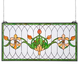 VEVOR Stained Glass Window Panel, 32x 17 in, Tiffany Style Hanging Transom Window Panel with Chain, Large Horizontal Rectangle Stain Glass, Vintage Traditional Art Handcrafts for Kitchen Home Decor