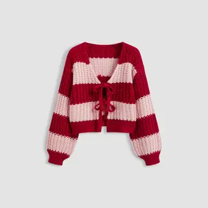 Cider [5 colors, size 2-26] Knit V-neck Striped Tie Front Cardigan