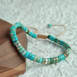 Natural Turquoise Tube Beaded Bracelet Healing Crystal Dainty Bracelet Yoga Minimalist Handmade Bracelet Gift for Women Men