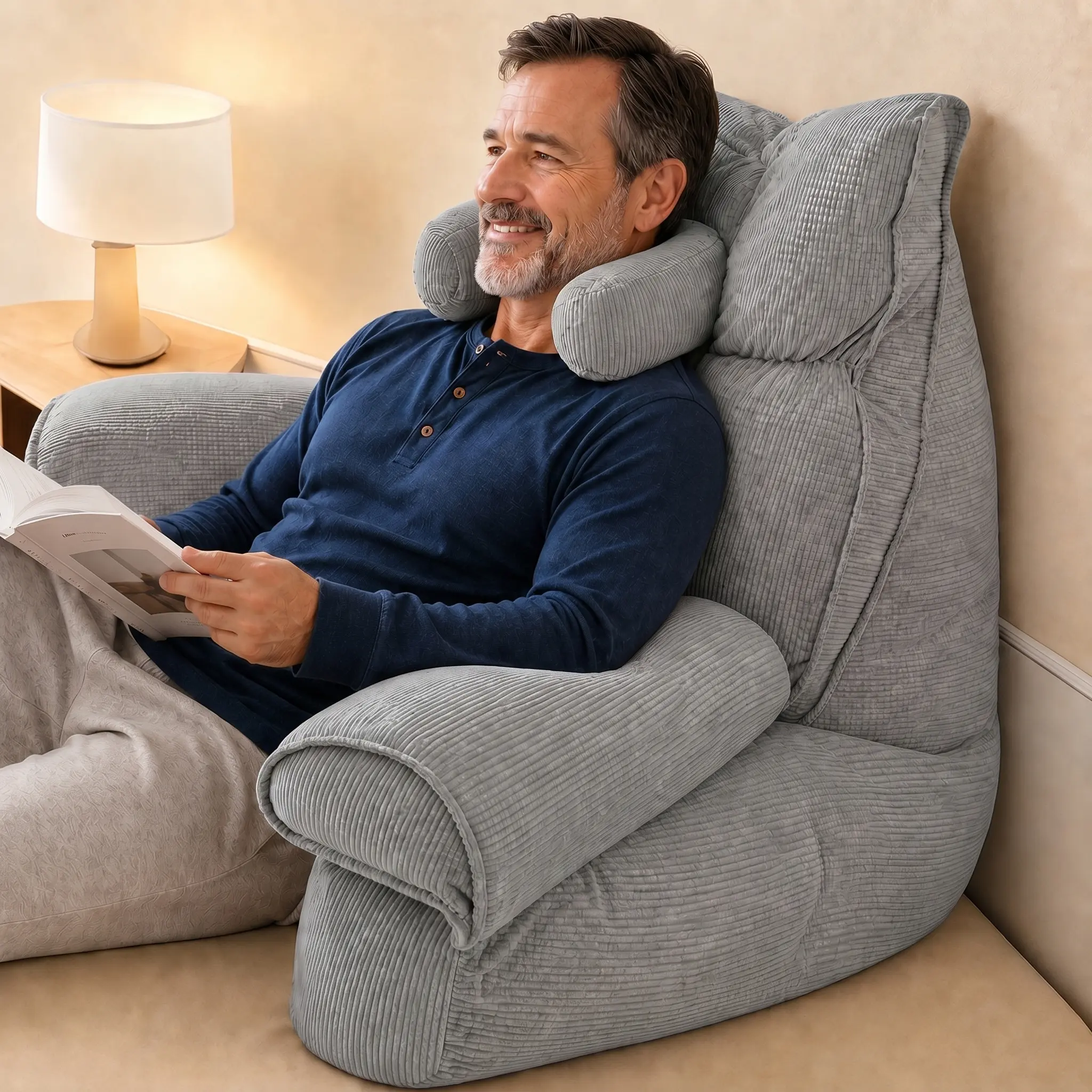 Extra Thick Large Reading Pillow for Bed | Detachable Neck Pillow + Lumbar Pillow, 25% Extra Filling, Long-Lasting Support Without Sagging, Skin-Friendly Corduroy Fabric, Removable Washable Cover – Perfect for TV Watching & Reading