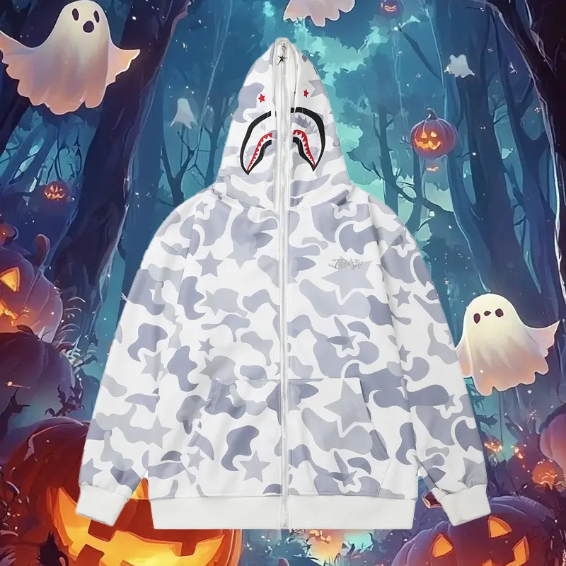 Men’s Hoodie, American High Street Style, Double Cap, Camouflage, Shark Print, Zipper, Tattoo, Autumn/Winter Hoodie, Men’s Casual Outerwear