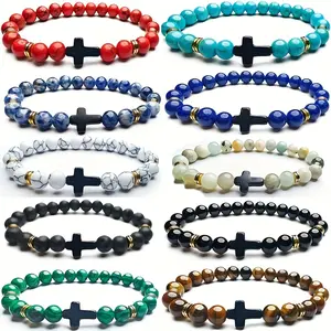 10pcs 8mm Beaded Colorful Natural Stone Beads Beaded Bracelet Stackable Boho Style Hand String Jewelry Set Cross Tiger Eye Stone White Turquoise Elastic Bracelets For Men Women