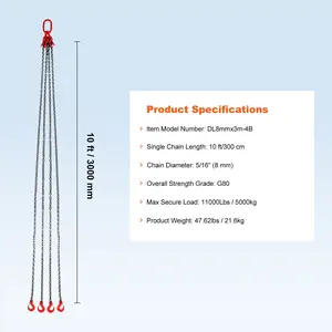 VEVOR Chain Sling, 5/16 inchx 10 ft Lifting Chains with Hooks, G80 Engine Chain Hoist Lifts, 11000 lbs/5 Ton Lifting Sling Chains for Engine Hoist, Engine Lift Chain with 4 Leg Grab Hooks Adjusters
