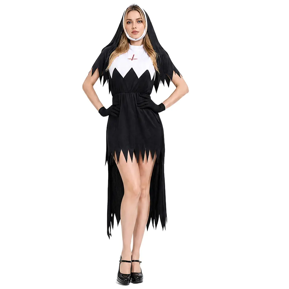 Spooky Nun Costume for Women - Gothic Halloween Habit Outfit with Veil & High-Low Hem Dress - Scary Cosplay Costume for Parties
