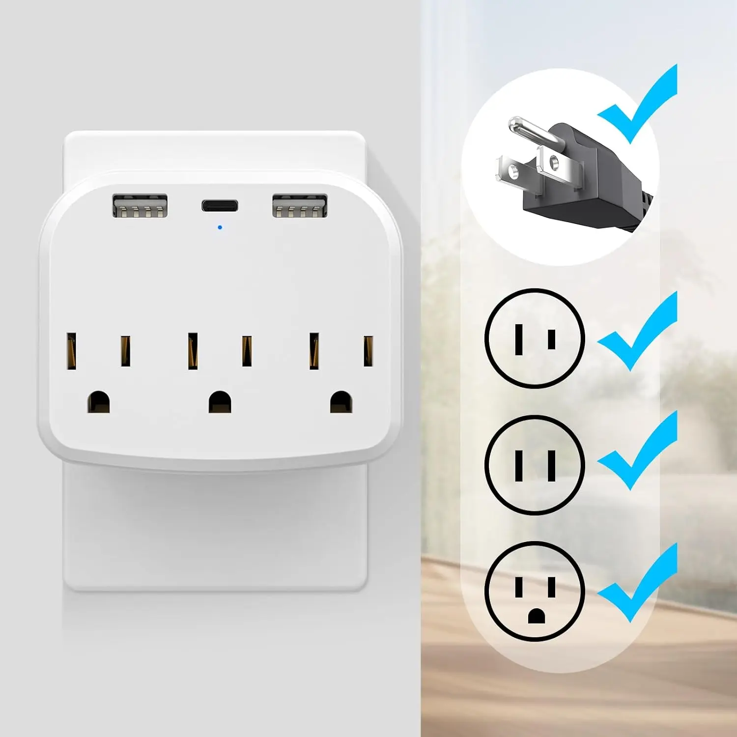 Compact Fast-Charging Multi-Port Power Strip - 3 AC Outlets, 2 USB-A, 1 USB-C Desktop Hub for Home Office Electronic Gadget Users