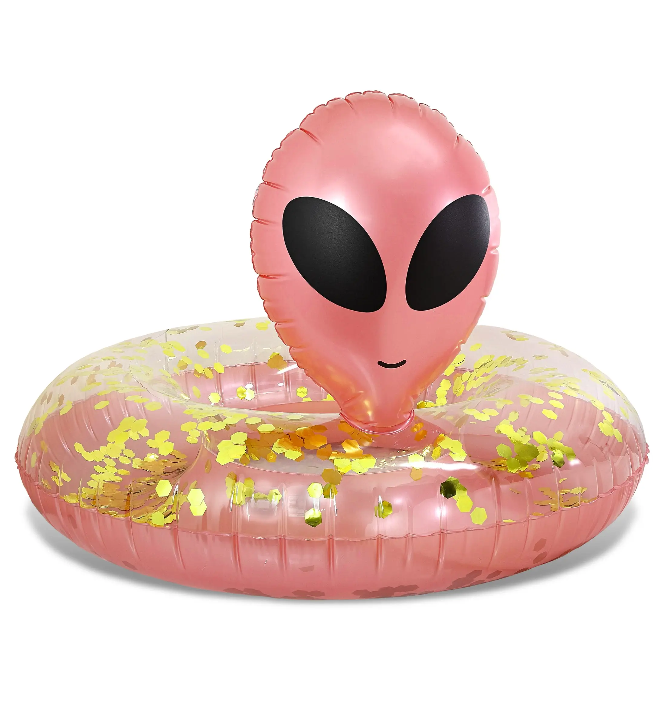POZA Unisex Alien Inflatable Pool Float - 36 inches Rose Gold with Gold Confetti, Black Oval Eyes, Tear-Resistant UV-Resistant PVC Vinyl Water Toy for 4-6 Years, Lake Water Play Accessory