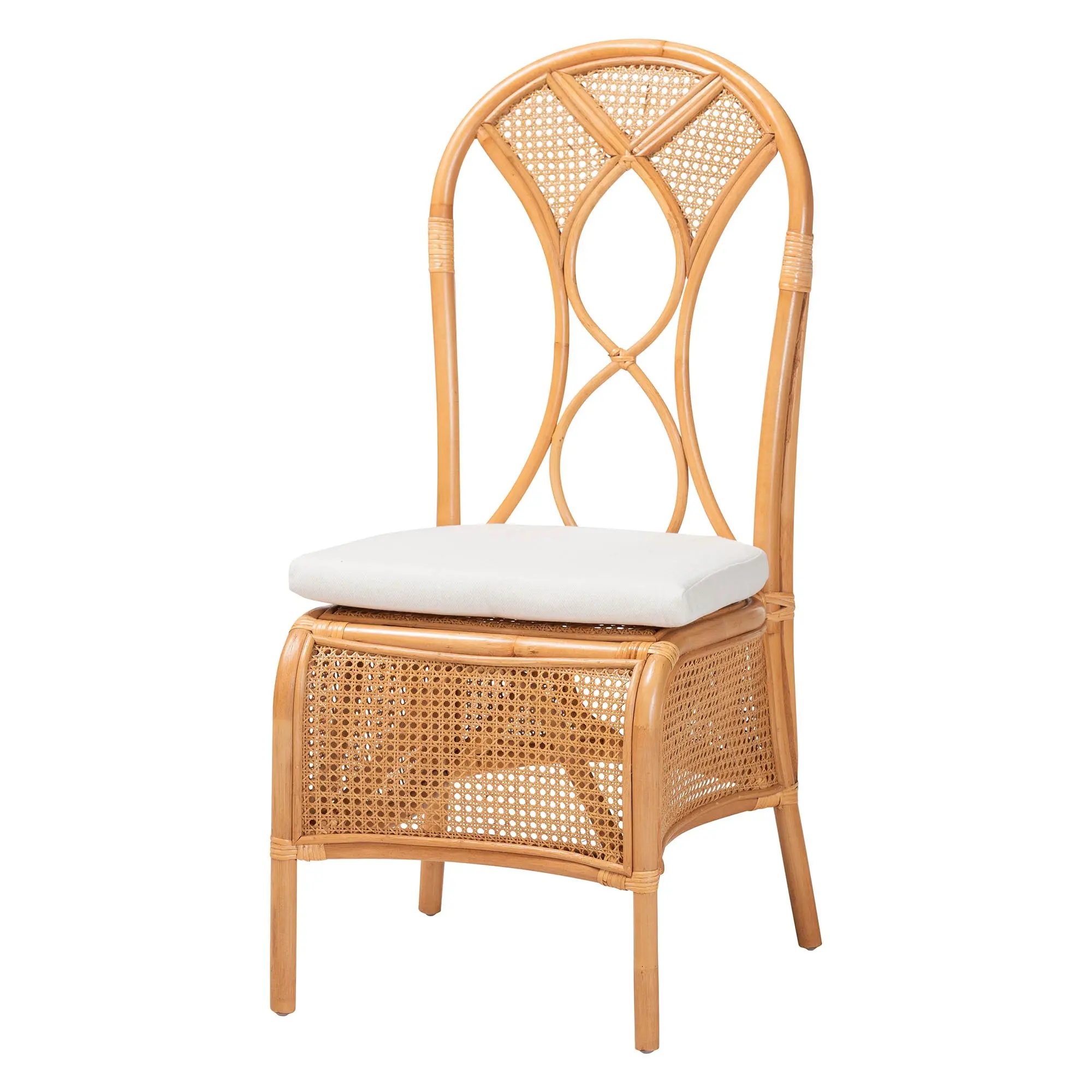Bali & Pari Elsa Rustic Handcrafted Natural Rattan Armless Dining Chair - Single Seat Wicker Side Chair with Openwork Back, Woven Details for Coastal Boho Dining Room or Kitchen Seating