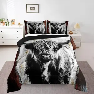 Feelyou Highland Cow Bedding Set - Gold Grey Marble Quilted Comforter, Soft Wildlife Farmhouse-Inspired Cattle Themed Down Comforter Set