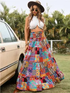 Women's Patchwork Print High Waist A-line Maxi Skirt, Bohemian Boho Fashion Skirt for Beach Holiday Vacation, Ladies Summer Clothes, Womenswear, Casual Fashionable Skirt, Bottom, Boho Hippie Skirt, Boho Casual Skirts