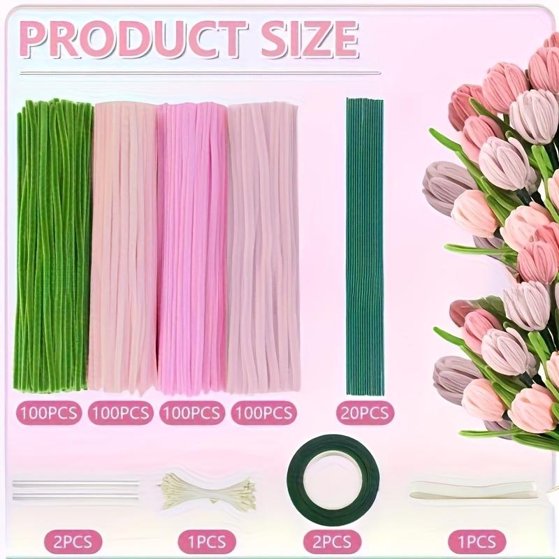 DIY Craft Kit, 400 Pieces Pipe Cleaners in 4 Colors, Chenille Stems and Floral Making Supplies, DIY Flower Decor Kit, Includes String, Tape, Buds and Ribbons