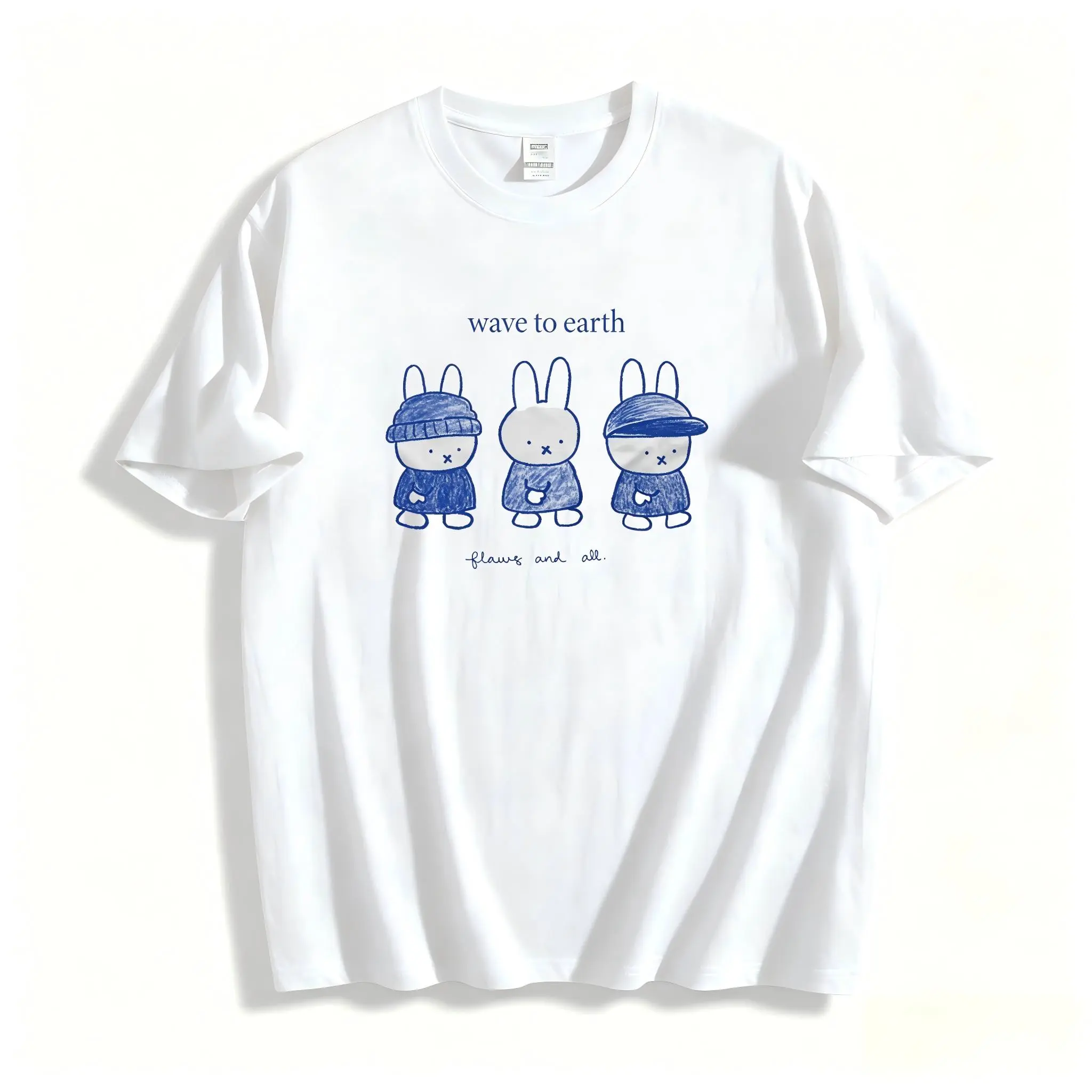 Wave To Earth Flaws And All Cute Hand Drawn Bunny Indie Band Unisex Graphic Tee