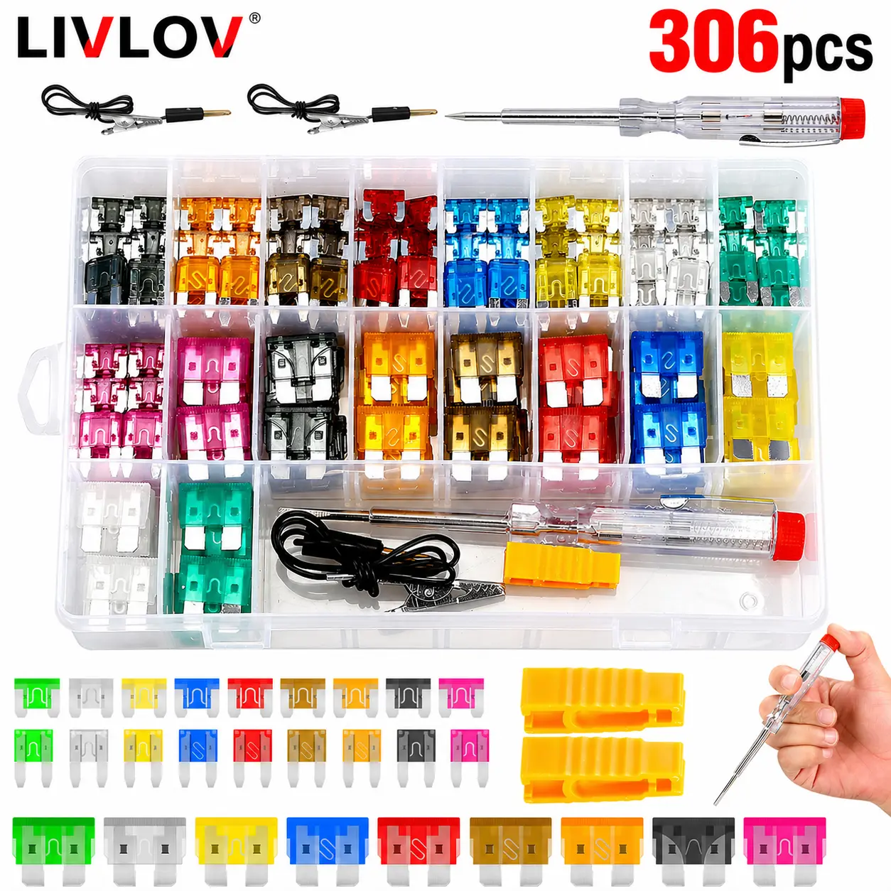 306PCS/300PCS Car Fuse Assortment Kit – Blade Fuses Set with Fuse Puller & Circuit Tester for Auto Truck SUV RV 12V/24V Systems
