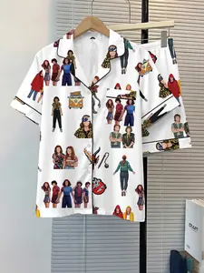 Women's Stranger Things Sleepwear Pajama Set, TV Show Print Pattern, Comfortable Fitted Nightwear, Loungewear, Soft Fabric, Casual Daily Wear, 2 Piece Pyjamas